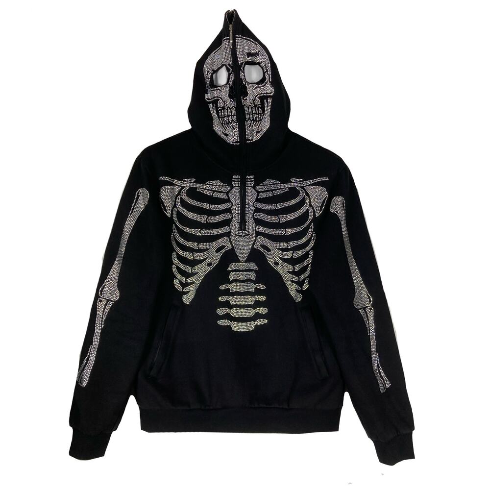 NEW GUAPI Hoodie L Black Silver-Rhinestone Skull-Skeleton Limited Edition Fleece